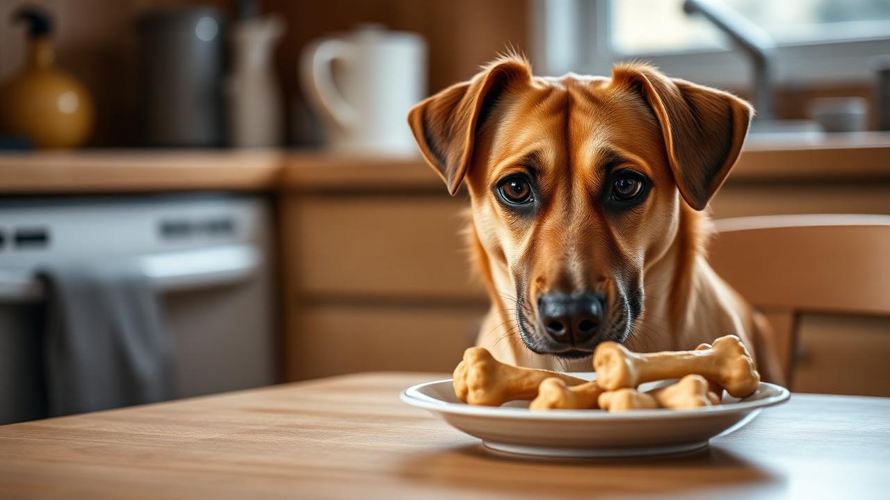A dog at a kitchen table next to a plate of leftover chicken bones — the most common 'oh no' call we get on a Sunday evening.