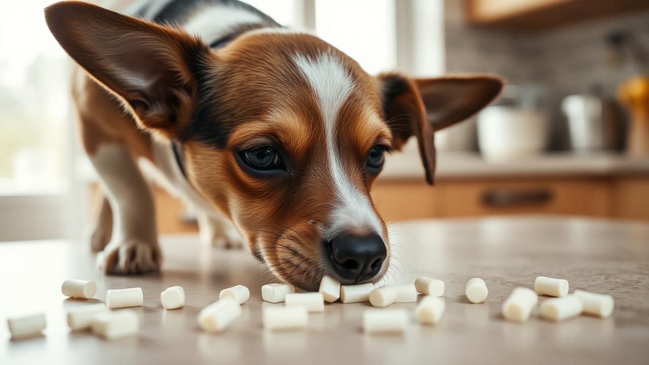 A small dog sniffing pieces of sugar-free chewing gum on a kitchen counter — a scenario that lands hundreds of dogs in the ER every year.