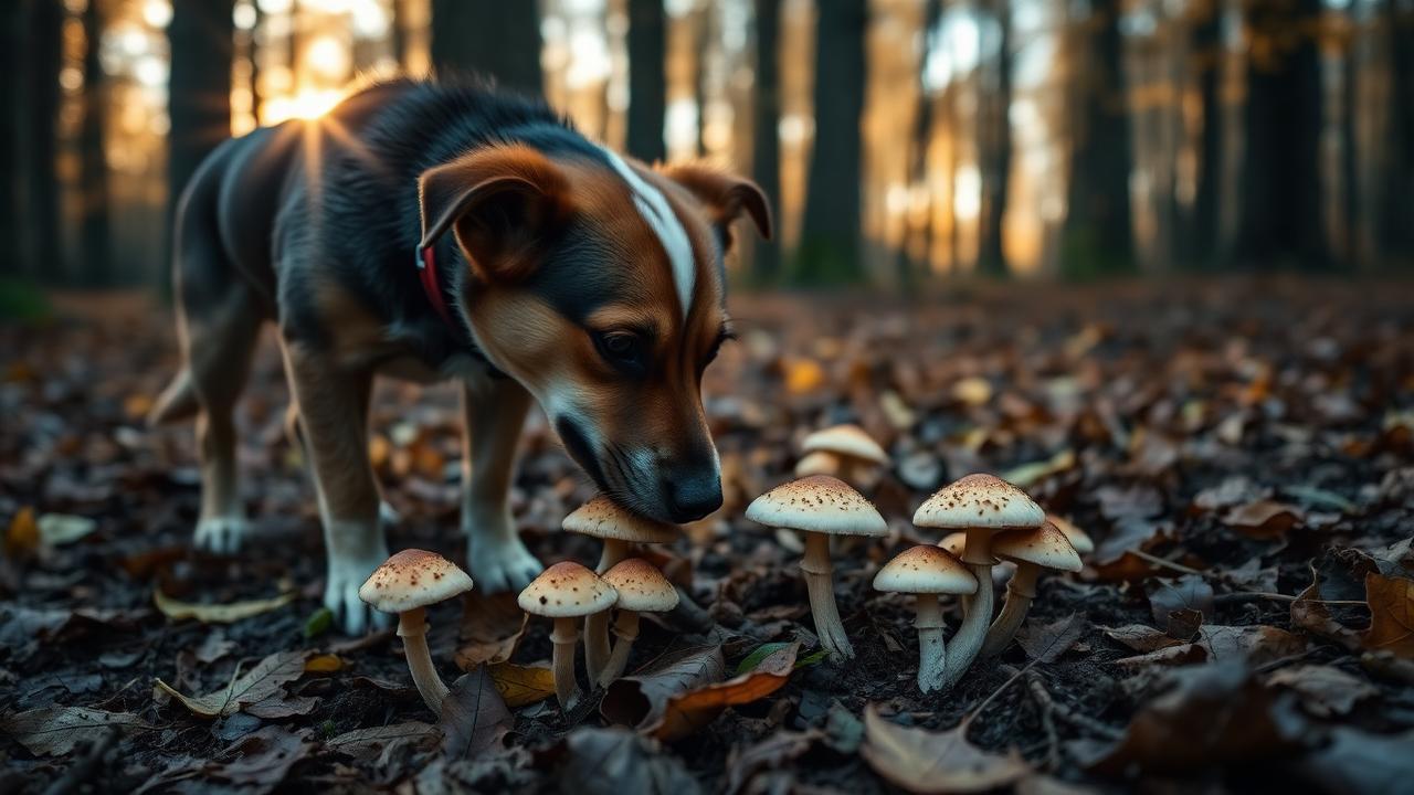 A dog sniffing wild mushrooms on a forest floor at dusk — the situation that prompts most owner calls every autumn.