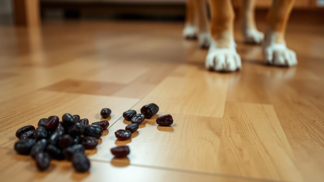 Spilled raisins on a wooden kitchen floor next to a dog's paws.