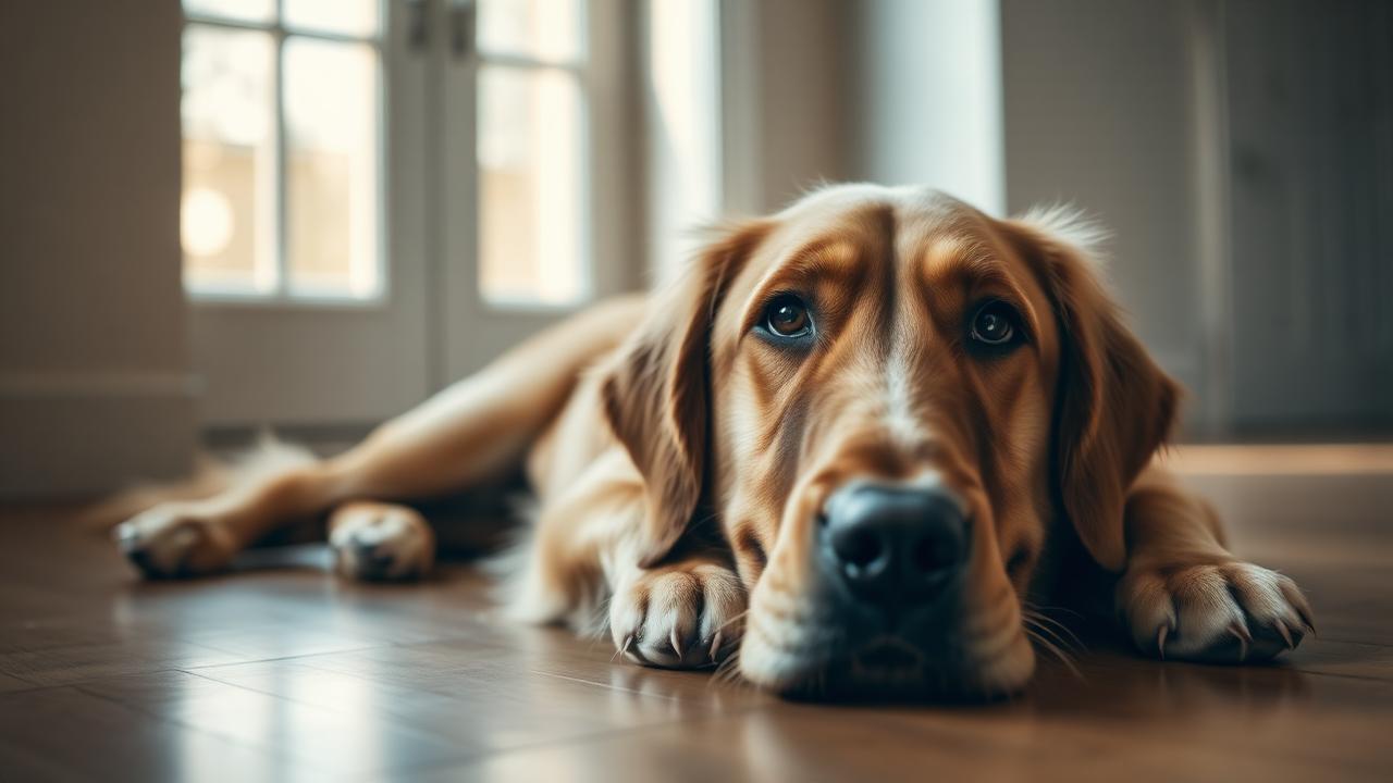 A worried-looking dog lying on a hardwood floor in soft window light — the kind of subtle change in posture that often signals early poisoning.